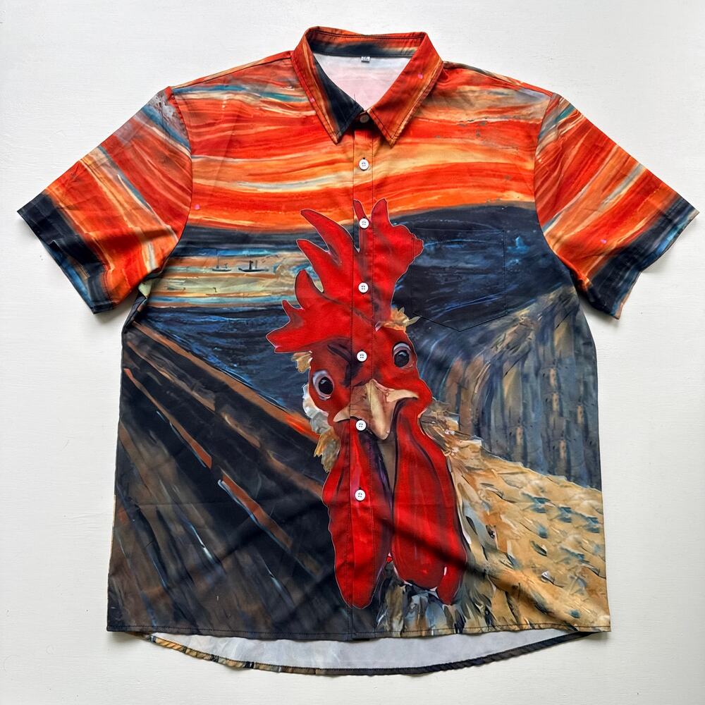 Funny Rooster Scream Hawaiian Shirt Men's Casual Button Down Art Print Top